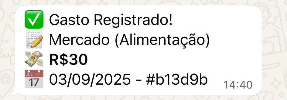 Confirmação de gasto registrado no WhatsApp
